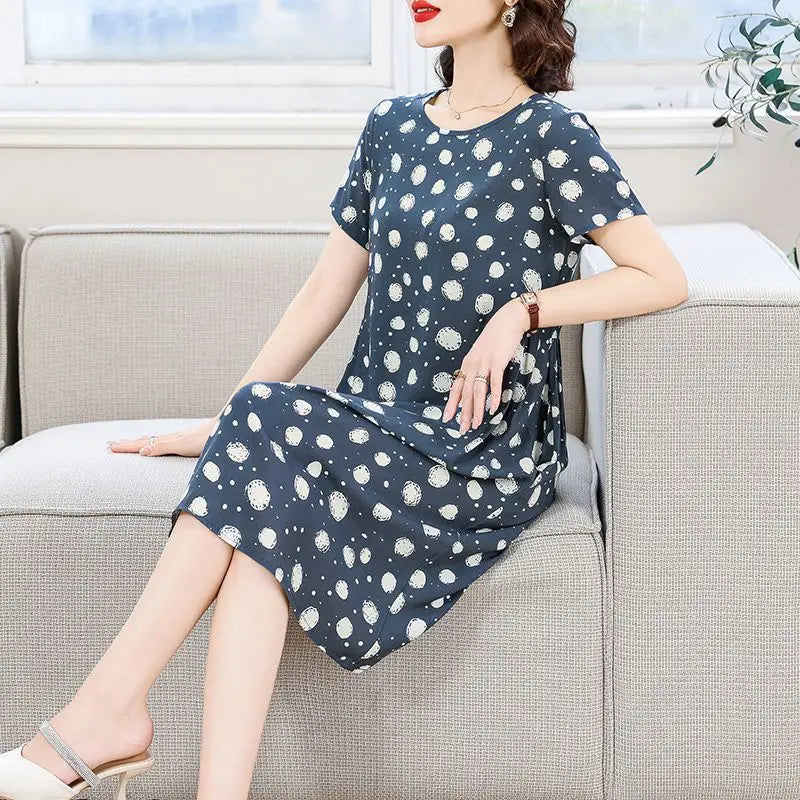 Women Summer Cotton Midi Dress Polka Dot Print Round Neck Short Sleeve Loose Casual Home Outdoor Dress S 4XL