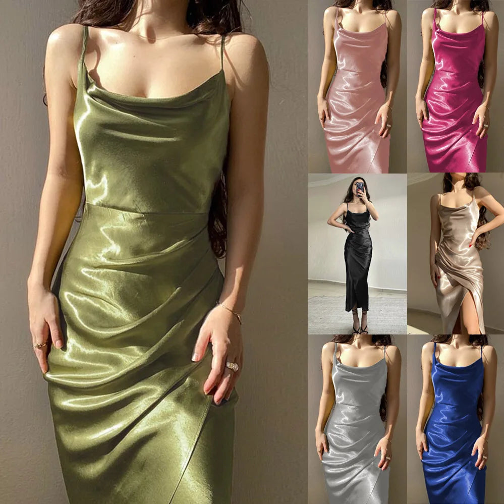 Women's Spring New Strap Women's Dress, European and American High End Sexy Spicy Girl, Low Cut Satin Split Back
