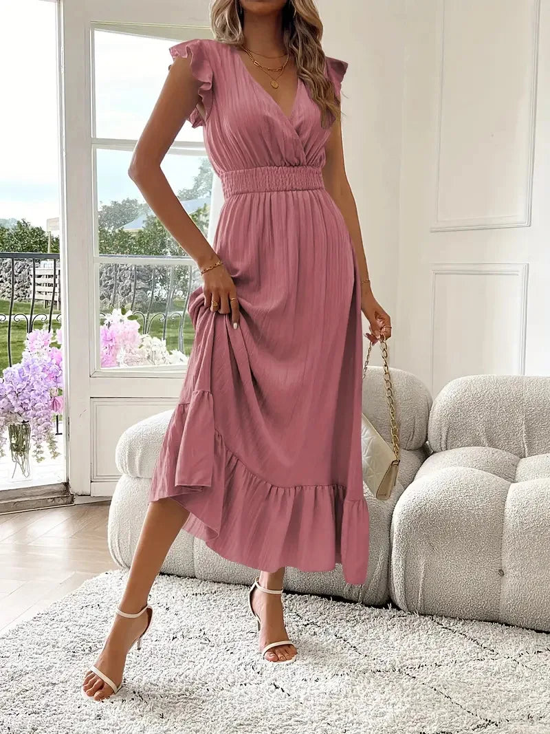 Women's Fashionable Elegant and Casual Long Ruffled Sleeves and Elegant Commuting V-neck Solid Color Pleated Splicing Slim Dress