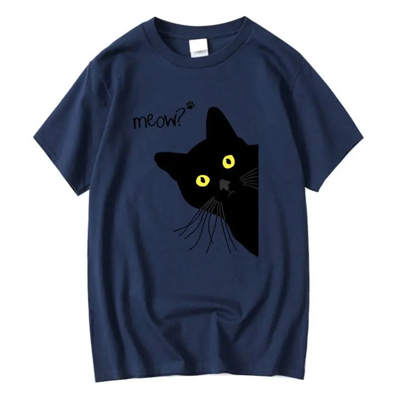 Men'S T-Shirt 100% Cotton Summer Meow Black Cat Print Men T Shirt Casual Loose O-Neck Men Tshirt Short Sleeve T-Shirt Male Tees