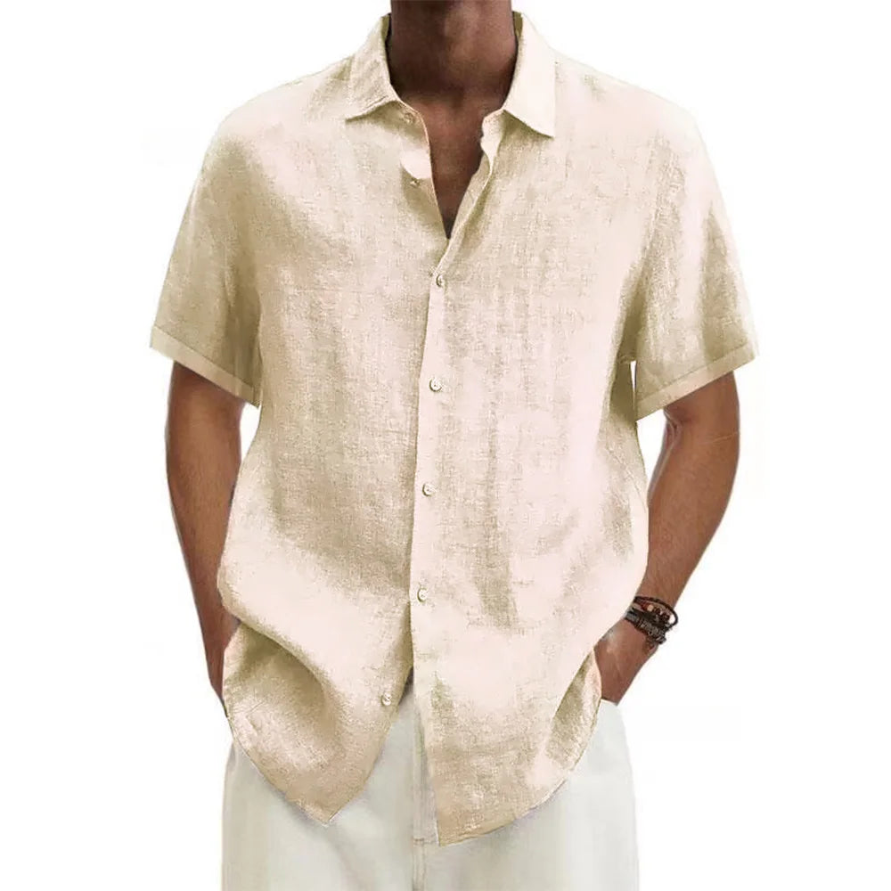 Men Cotton Linen  Men'S Short-Sleeved Shirts Summer Solid Color Turn-Down Collar Casual Beach Style Plus Size Tops