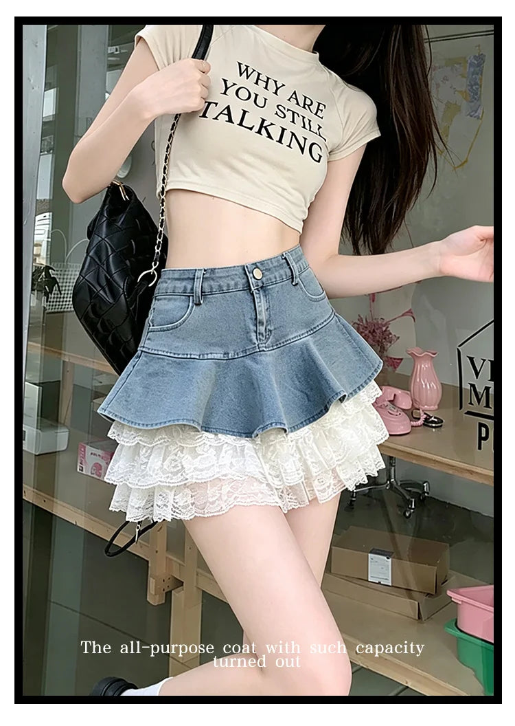 HotSweet Denim Patchwork Lace Mini Skirt 2026 Summer Ruffled Slimming A-Line Skirt For Women Streetwear Y2k Short Skirts