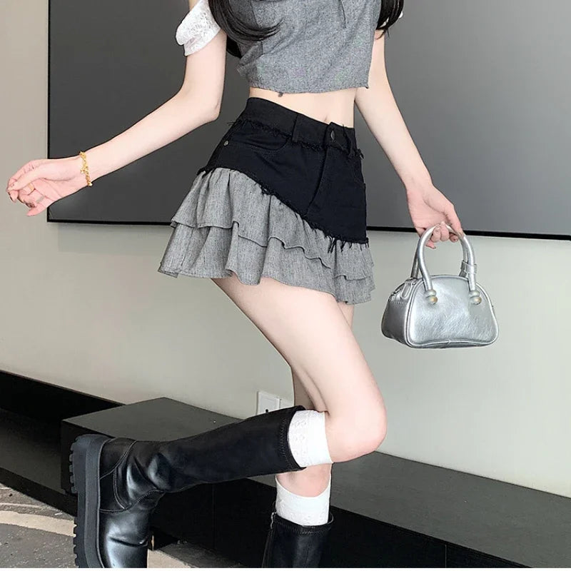 Fashion 2025 New Denim Patchwork Ruffle Denim Skirts Women Summer Retro High Waist Slim Skirts Woman