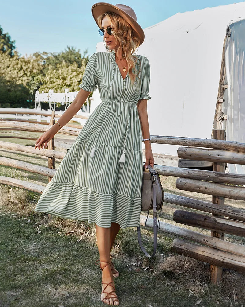 Bohemia Tassel Striped Ruffles Summer Dress Women Elegant V-neck Lantern Sleeve Midi Dress Female Holiday Sundress 2025 New