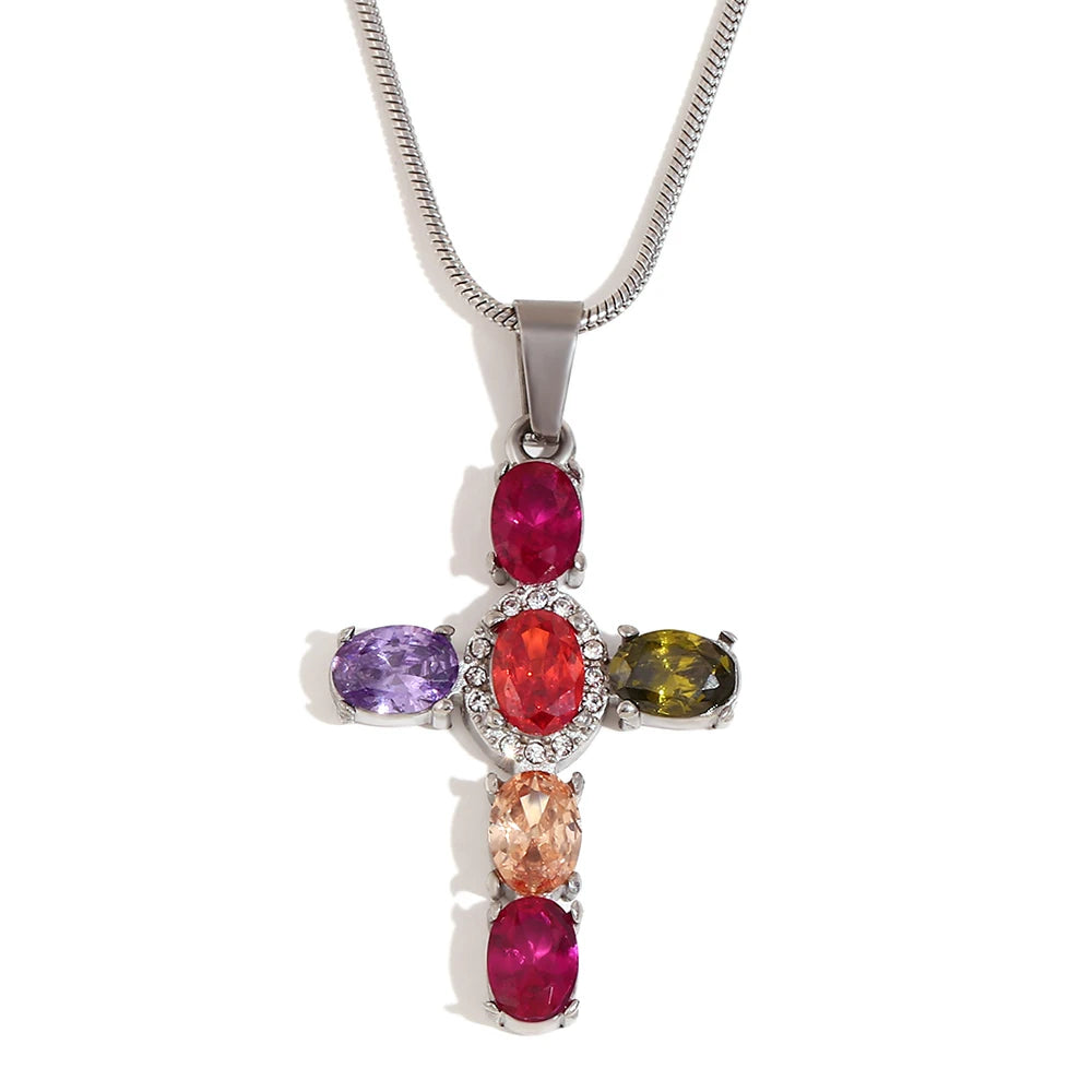 E.B.belle Colorful Rhinestone Cross Pendant Necklace Snake Chain Waterproof Stainless Steel Fashion Jewelry For Women Girls