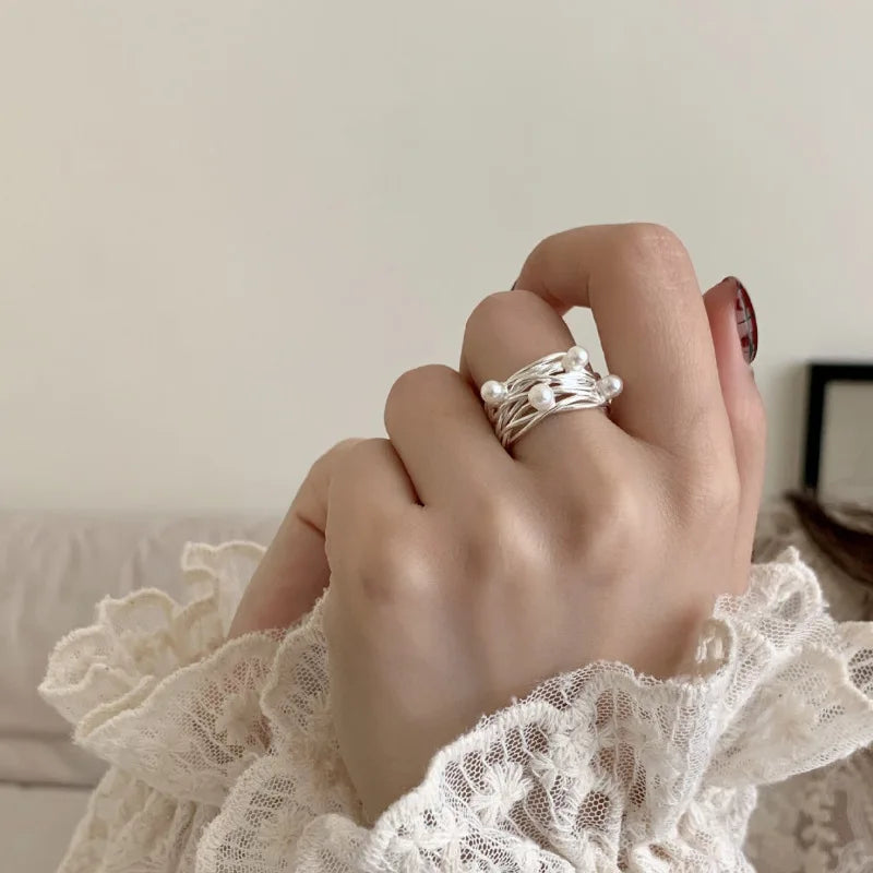 Panjbj 925 Sterling Silver Lines Ring For Women'S Jewelry Finger Adjustable Open Vintage For Birthday Dropship
