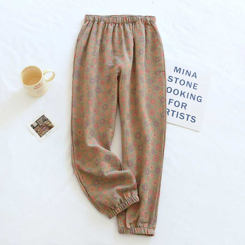 2026 New Spring Summer Women's Pajamas 100% Cotton Crepe Pants Women's Comfortable Loose Large Leaf Home Pants Thin Bottoms