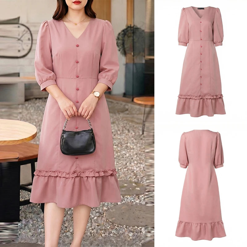 ZANZEA Women Elegant A-Line Midi Dress V-Neck 3/4 Puff Sleeve Cinched Waist Ruffled Hem Dresses Summer Casual Commute Robe Femme