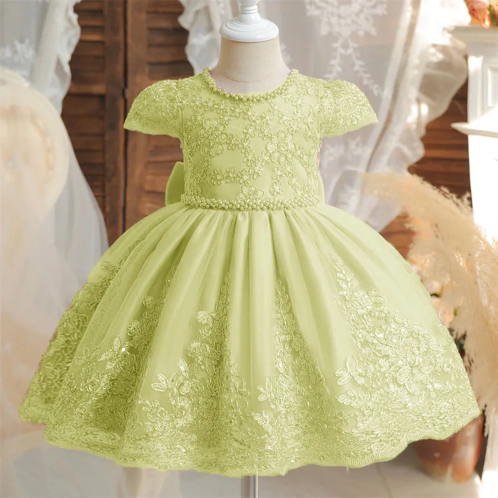 Beading Luxury Short Sleeve Lace Appliques A Line Formal Communion Girl Dress Bow Floor Length Princess Flower Girl Gown New