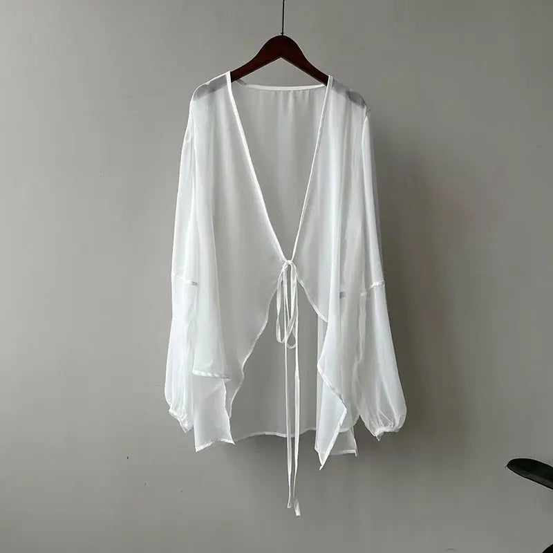 Shirts Women'S V-Neck Loose Long Sleeve Open Stitch Korean Style Lace-Up Solid Summer Chiffon Breathable Minimalist Stylish