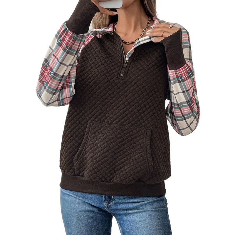 Women's Quilted Half Zip Pullover Plaid Sleeve Kangaroo Pocket Sweatshirt 2026
