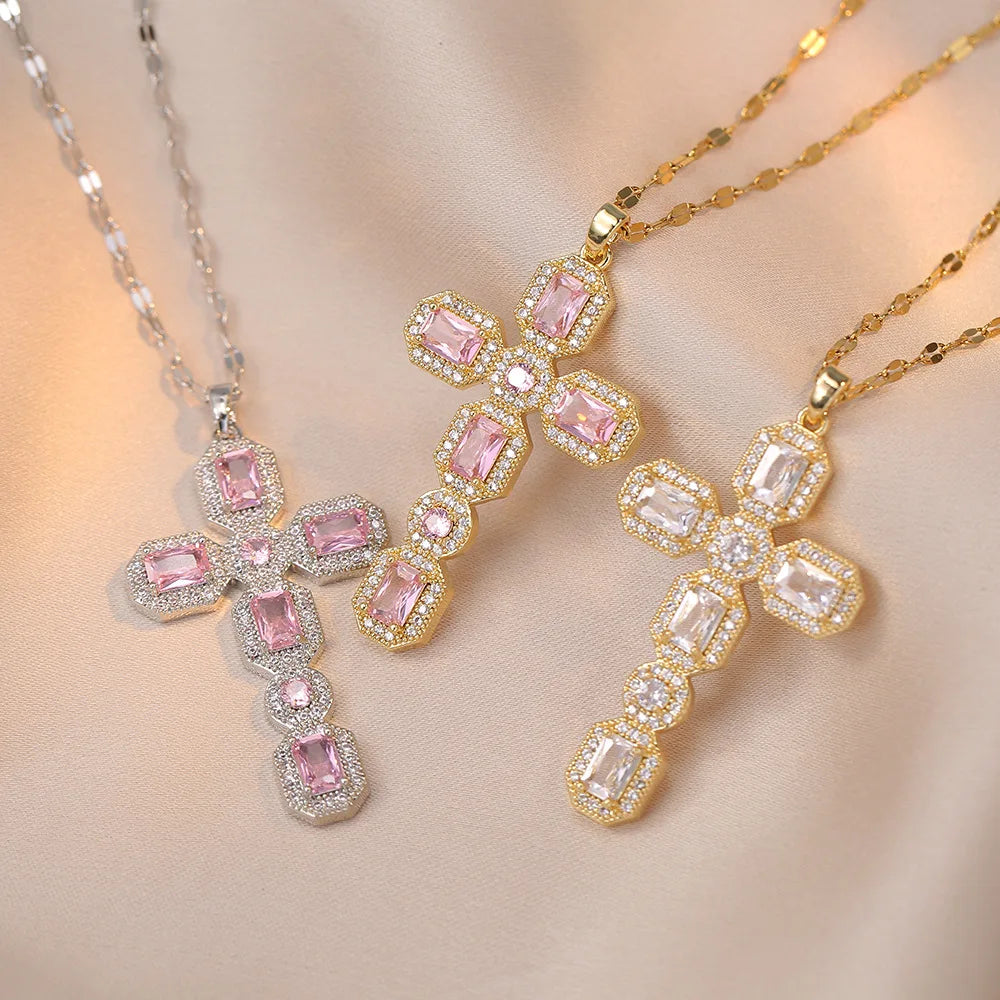 Luxury Big Cross Pendant Clavicle Necklaces For Women'S Silver Gold Color Square Pink White Zircon Choker Valentine Jewelry Gifts