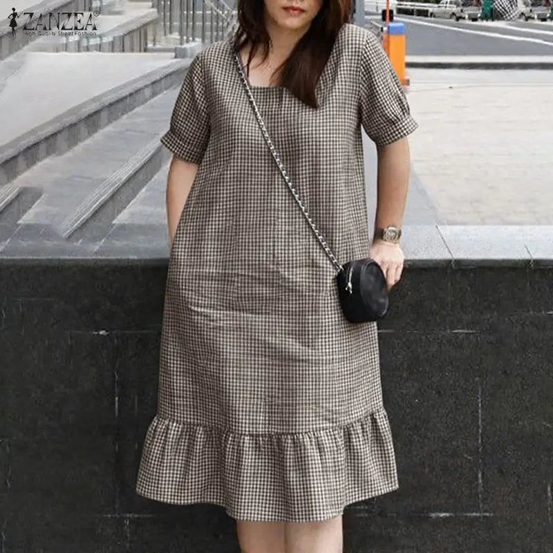 Summer Women's Gingham Knee-Length Dress Suqare Neck Short Puff Sleeve A-Line Ruffled Hem Dresses ZANZEA Daily Casual Robe Femme
