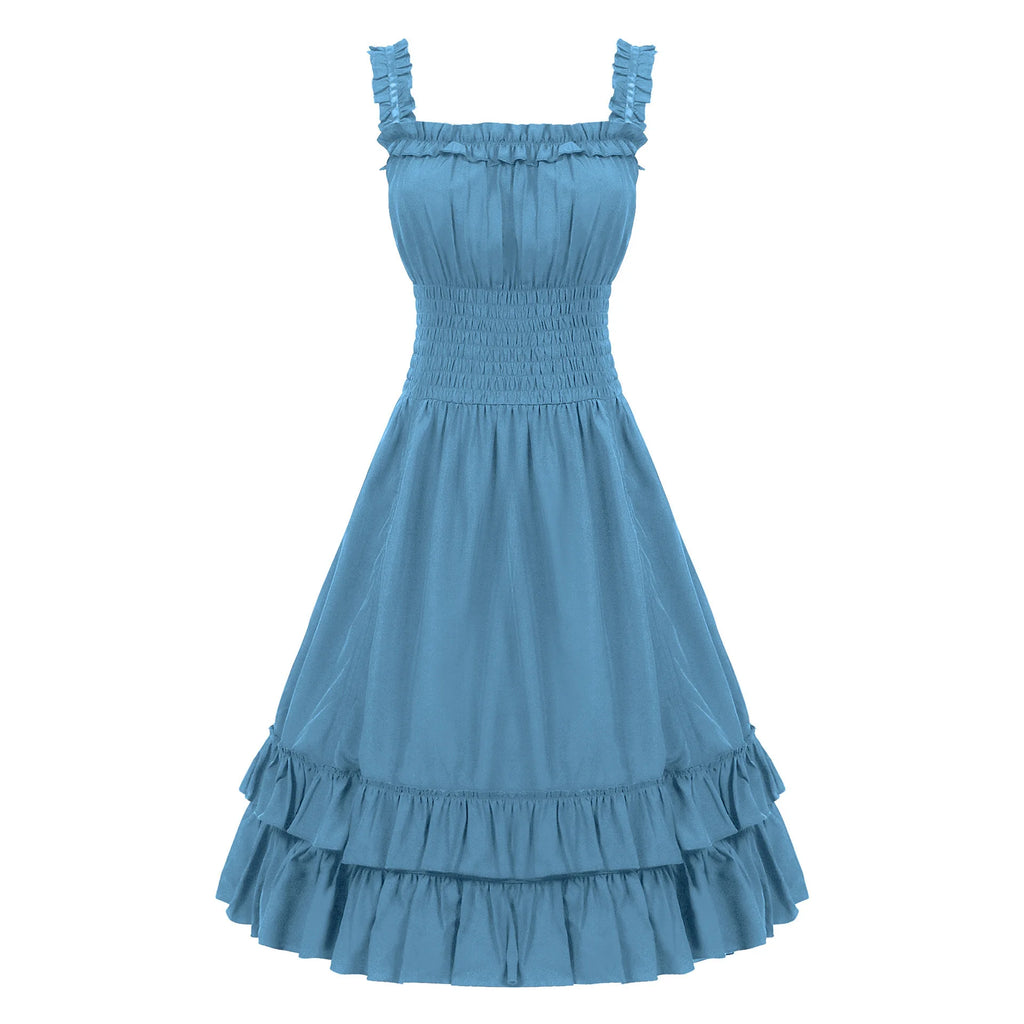 2026 Vintage Victorian Ruffle Midi Dress,High Waist A Line Women Sling Dress,Medieval Cosplay Party Dress for Women Summer Beach