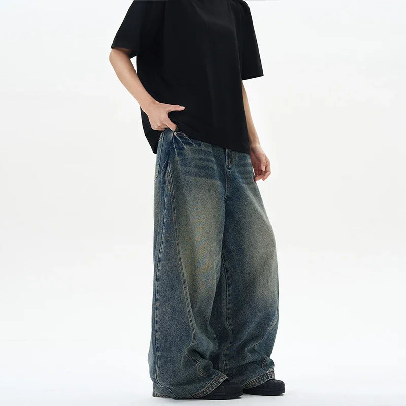 Mens Patchwork Denim Jeans Oversized Wide Leg Pants Vintage Cracked Lightning Denim Streetwear For Men
