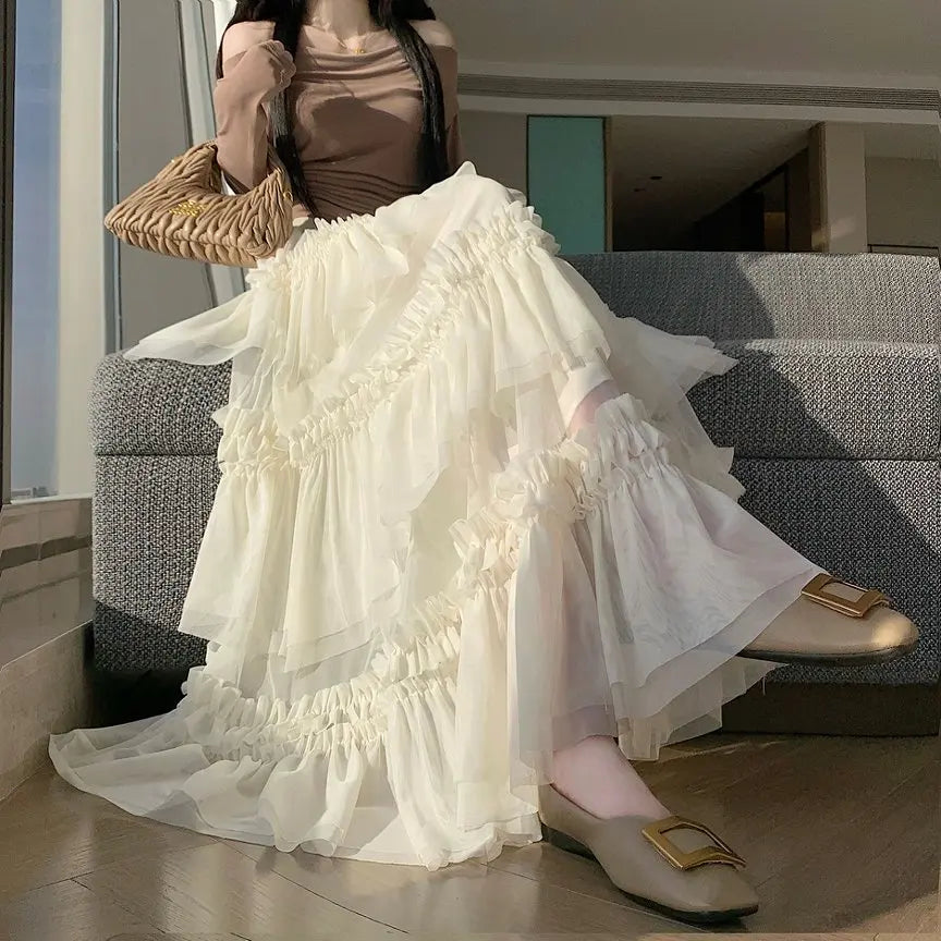 Qiukichonson Midi Long Skirt Women Patchwork Mesh Lolita Spring Summer High Waisted High Low Ruched Ruffles Ball Gown Skirt rok