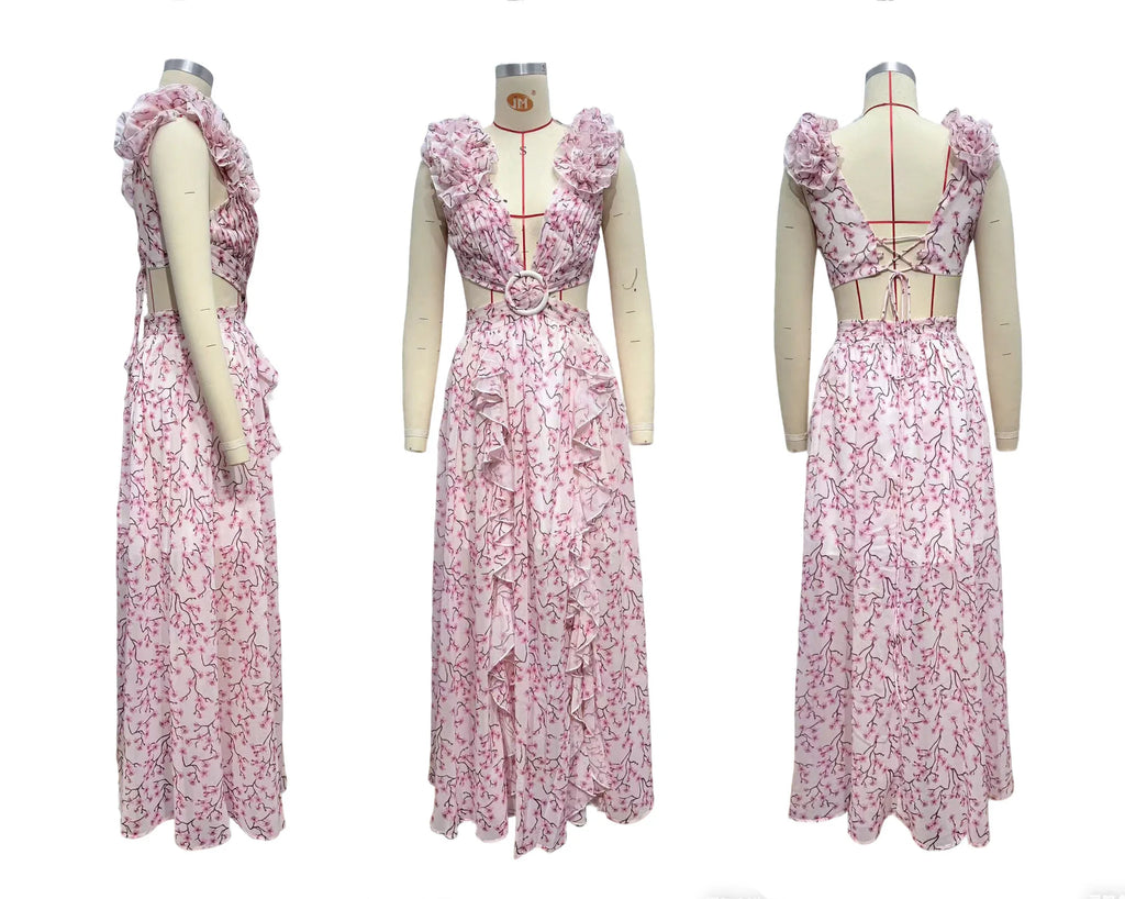 Floral Dress Women Spring Summer Deep V Neck Ruffle Hem Hollow Out Backless Maxi Dresses Bohemian Beach Sundress Outfit