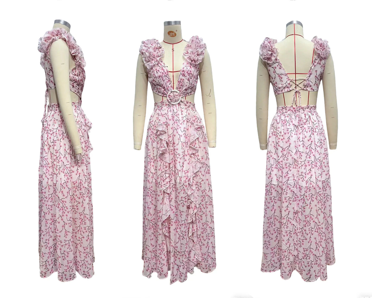 Floral Dress Women Spring Summer Deep V Neck Ruffle Hem Hollow Out Backless Maxi Dresses Bohemian Beach Sundress Outfit