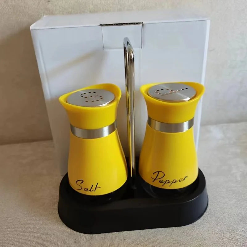 Botella de cristal para especias de cocina, juego de 2 molinillos de sal y pimienta recargables ajustables con estante, dispensador de especias con orificios para verter