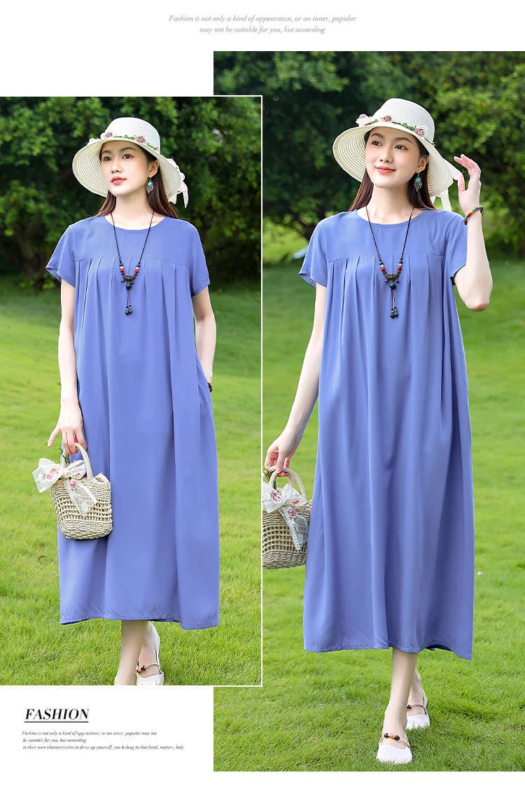New Fashion Casual 2025 Summer Elegant Dresses For Women O-Neck Print Vintage Short Sleeve Dress Loose Women Clothing
