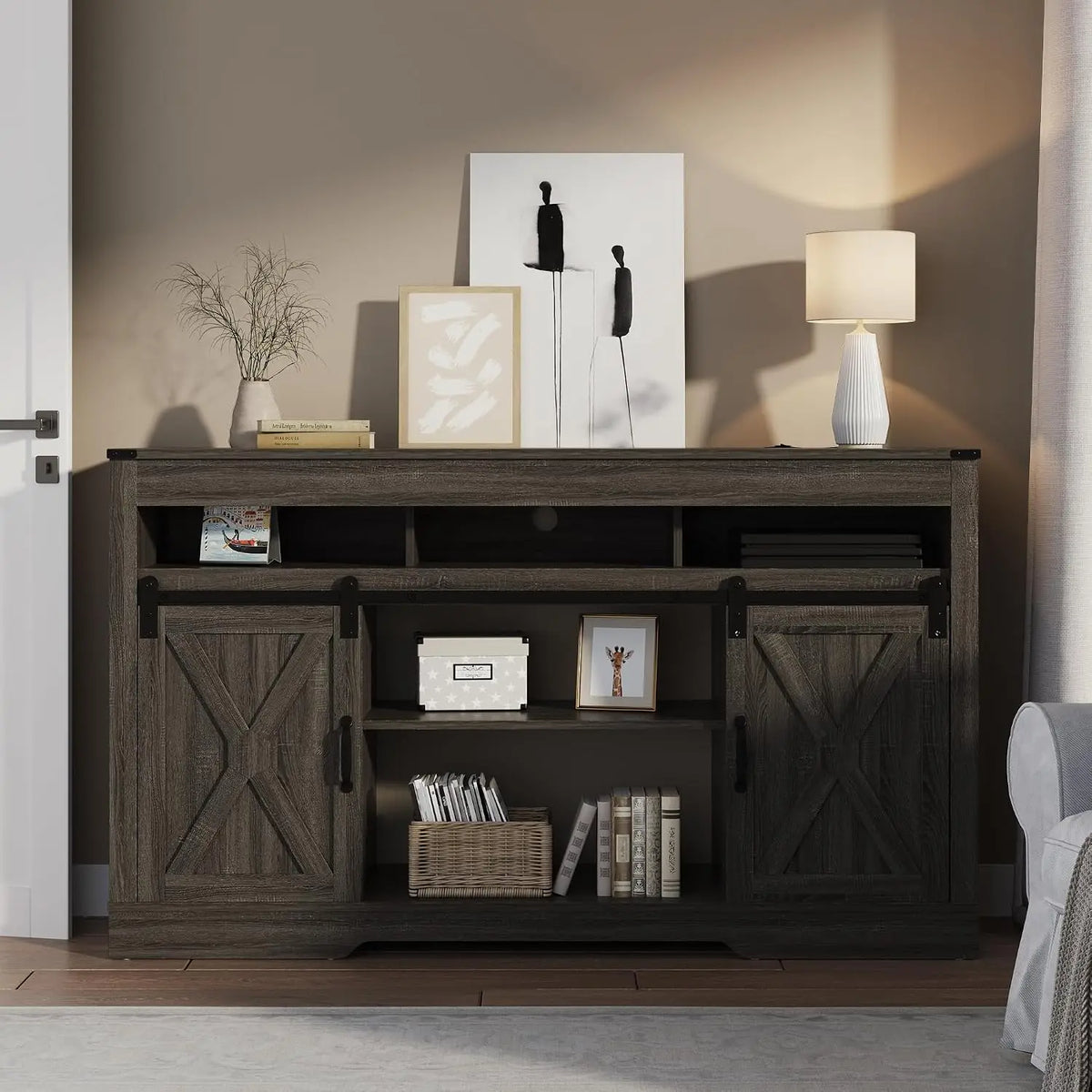 Farmhouse TV Stand for 23" Fireplace, 65" TV Console, 34" Tall Rustic Sliding Barn Door, Dark Grey, Customized