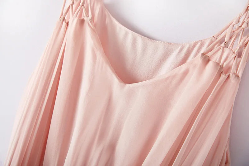 100%Real Silk Elegant Dresses, Women Sleeveless Elastic Waist, Beach Vacation Fairy Dress, 2024 Summer Fall
