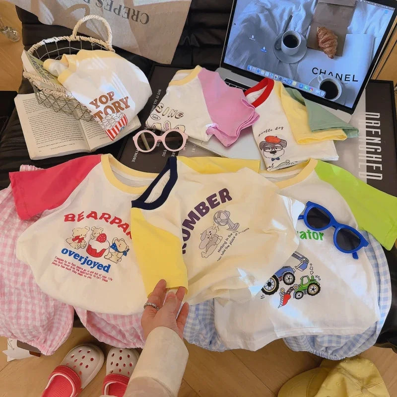 Summer New Children'S Cotton Cartoon Printed Short Sleeved T-Shirt Boys And Girls Raglan Sleeves Stylish Casual Tops