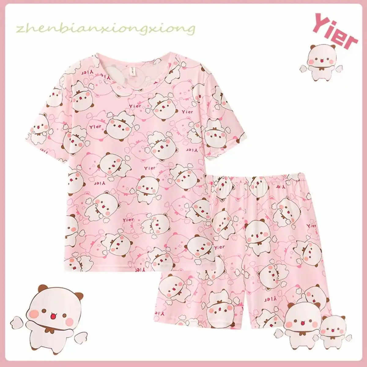 Panda Bubu and Dudu Cartoon Pajamas Set - Summer Short Sleeve Loose