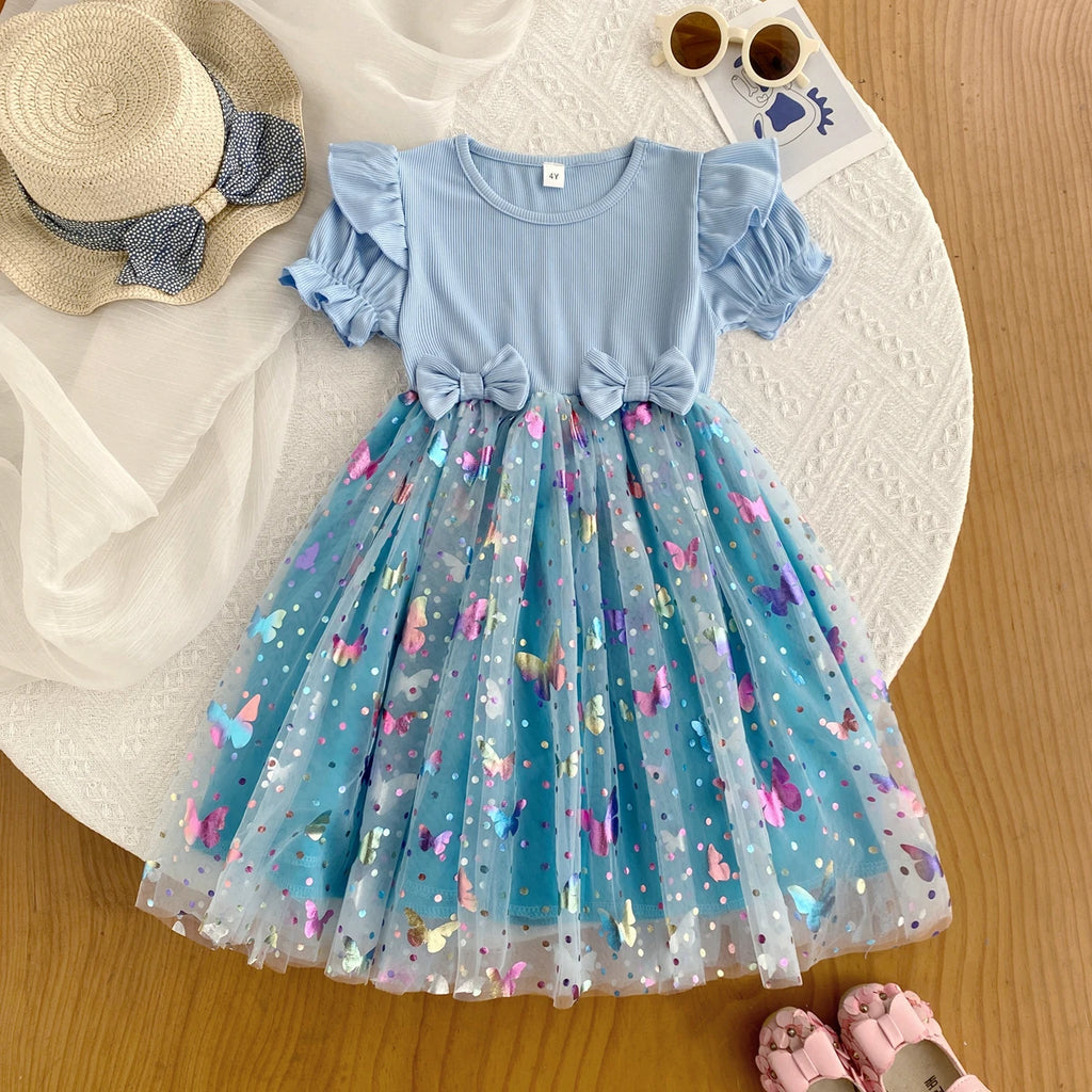 Round Neck Princess Dress Summer Knitted Patchwork Colored Butterfly Mesh Bubble Seeve Dress Girls Clothes