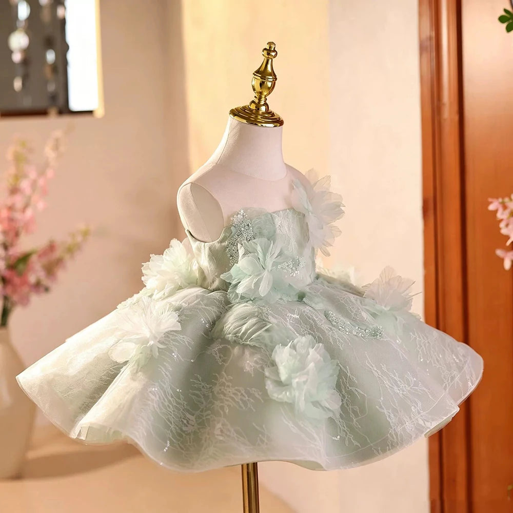 2026 Girls' Sage Light Green Tulle Knee-length Party Dress Floral Embroidered Lace Birthday Princess Ball Gown for 1-14Yr Girls