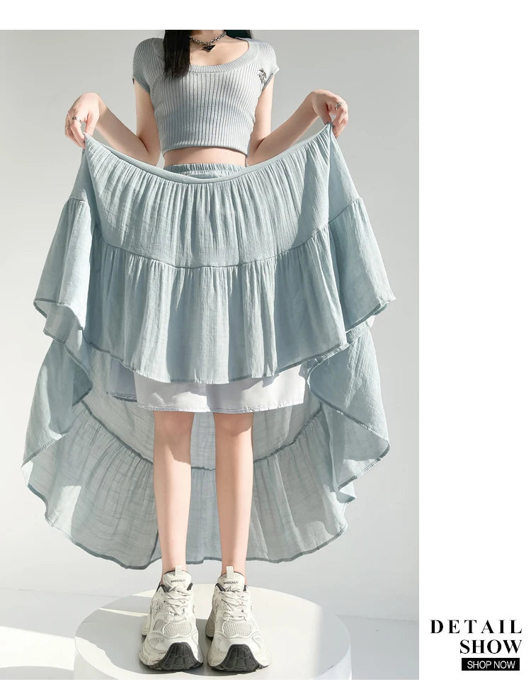 linen patchwork skirt for women in summer, high waist, medium length cake skirt, elegant umbrella skirt, slimming long skirt