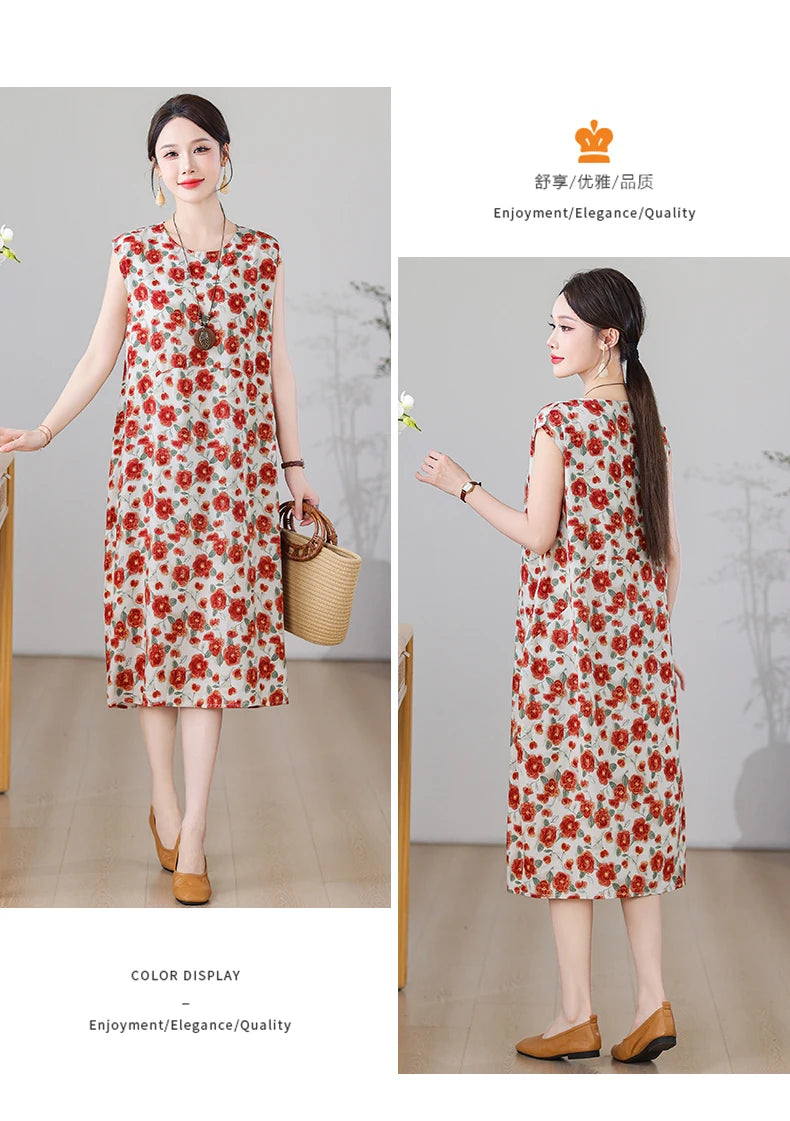New Fashion Vintage Floral Print  Sleeveless Casual Party Femme Summer Dresses For Women 2025 O-neck Straight Women Clothing