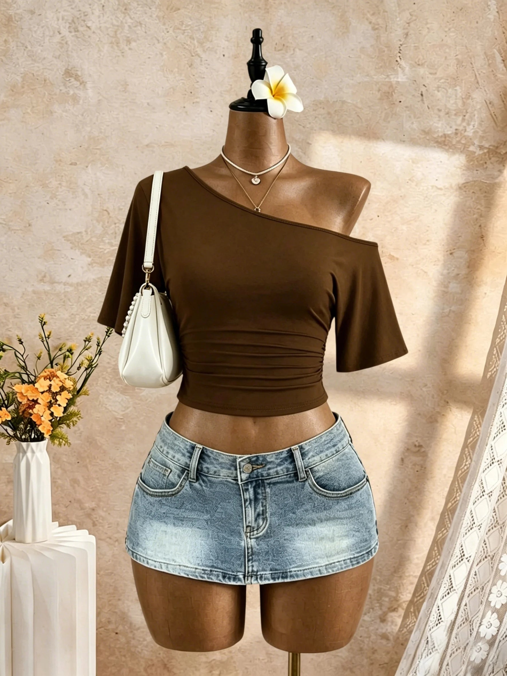 Women One Shoulder Short Sleeve Side Ruched Cropped T Shirt 2026 Summer Y2K Going Out Casual Streetwear Tops