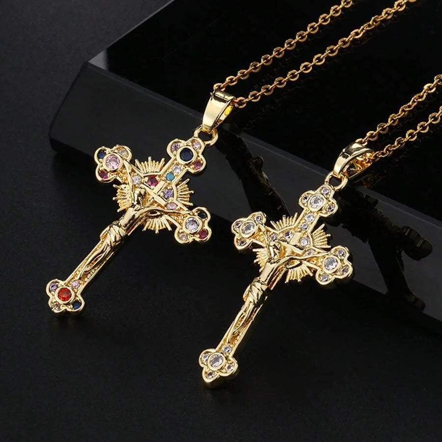 Religion Jesus Cross Pendant Necklace For Women'S Men Shiny Rhinestone Gold Color Chain Design Hip Hop Jewelry