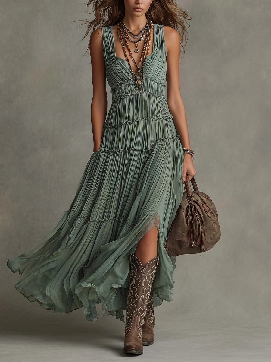Retro Tiered Maxi Dress Deep V Sleeveless Ruffled Chiffon Flowy Long Dress Women Bohemian Pleated Split Hem Casual Dress
