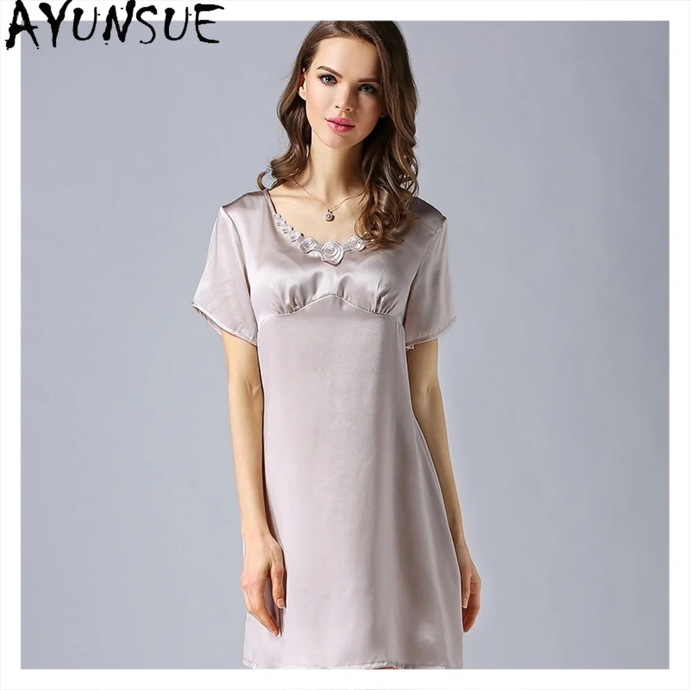 Women's 2023 Spring/Autumn Silk Pajamas 100%Natural Mulberry Silk Short Sleeved Nightdress Noble Silk Home Clothes Pajamas