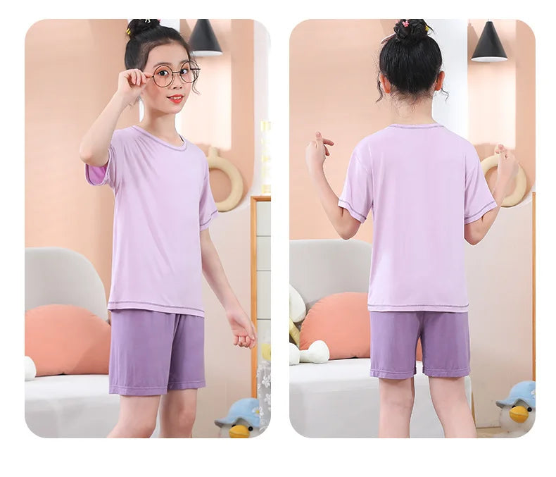 Teenage Boy Pajamas Summer Girl Short Sleeve Children's Clothing Sleepwear Silk Cotton Pyjamas Sets For Kids 4 8 9 12 13 14Years