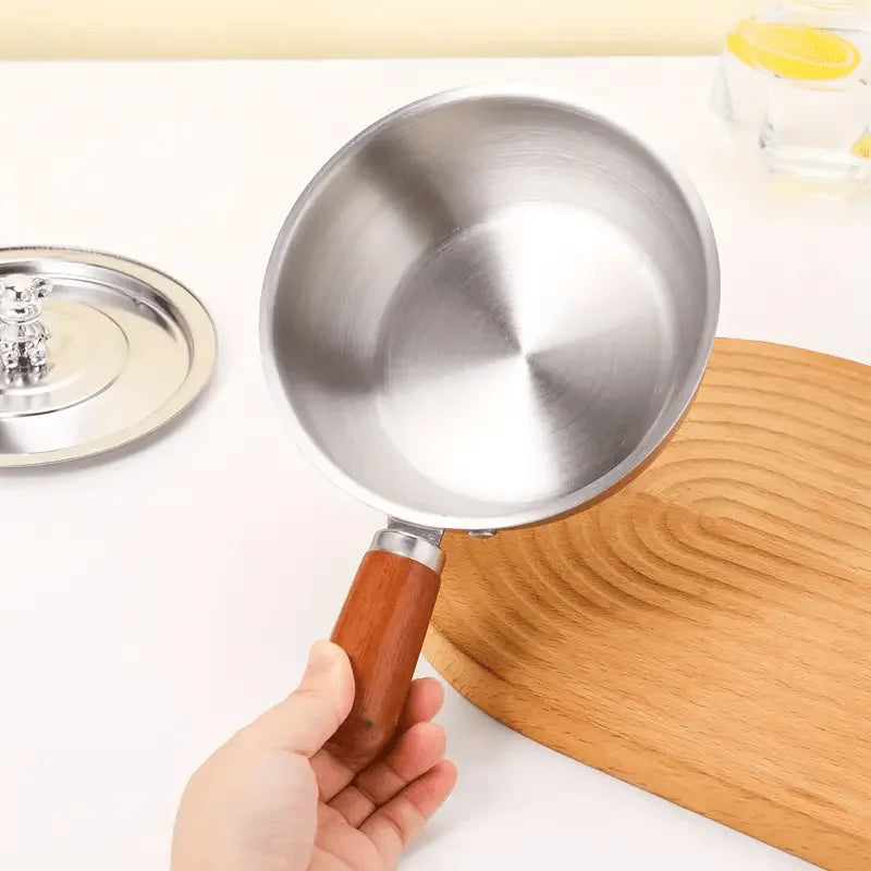 1pc Stainless Steel Pot with Heat-Resistant Wooden Handle - Induction Compatible, Non-Slip Base, Even Heat Distribution Milk Pot