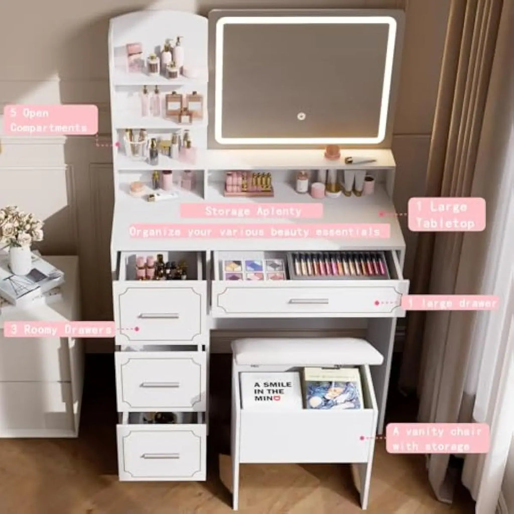 Vanity Table with LED Mirror & Power Outlet - 5 Open Shelves, 4 Drawers - Includes Padded Stool - Ideal Bedroom Makeup Dressing