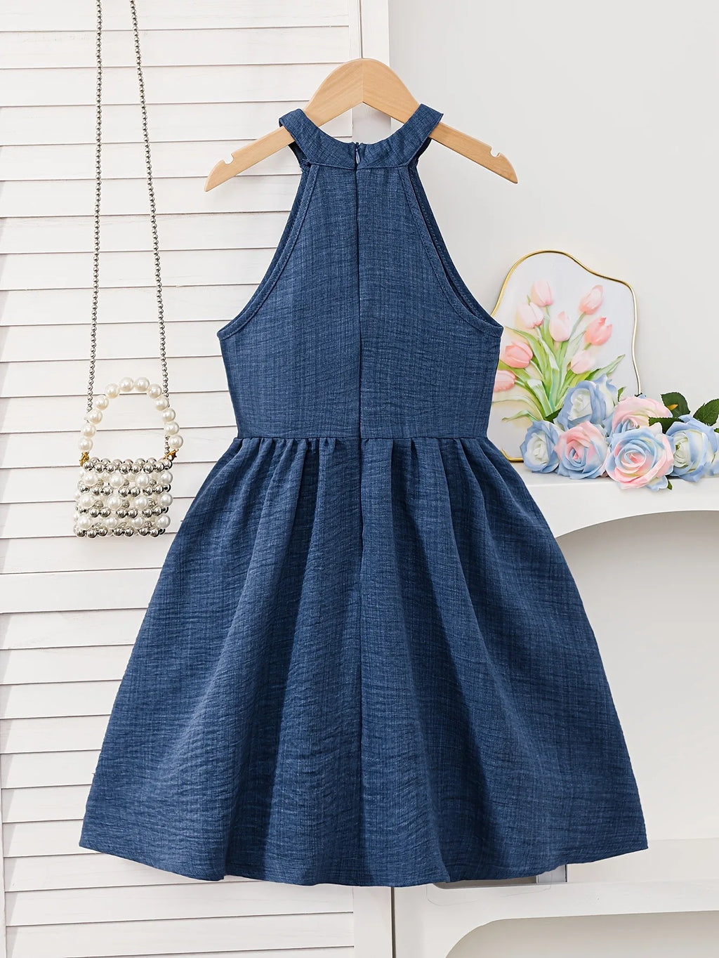 Girls Halter Neck Denim Dress 3D Pearl Flower Decor Sleeveless A‑Line Midi Dresses 4‑12Y Kids Party Dress For Wedding Birthday H