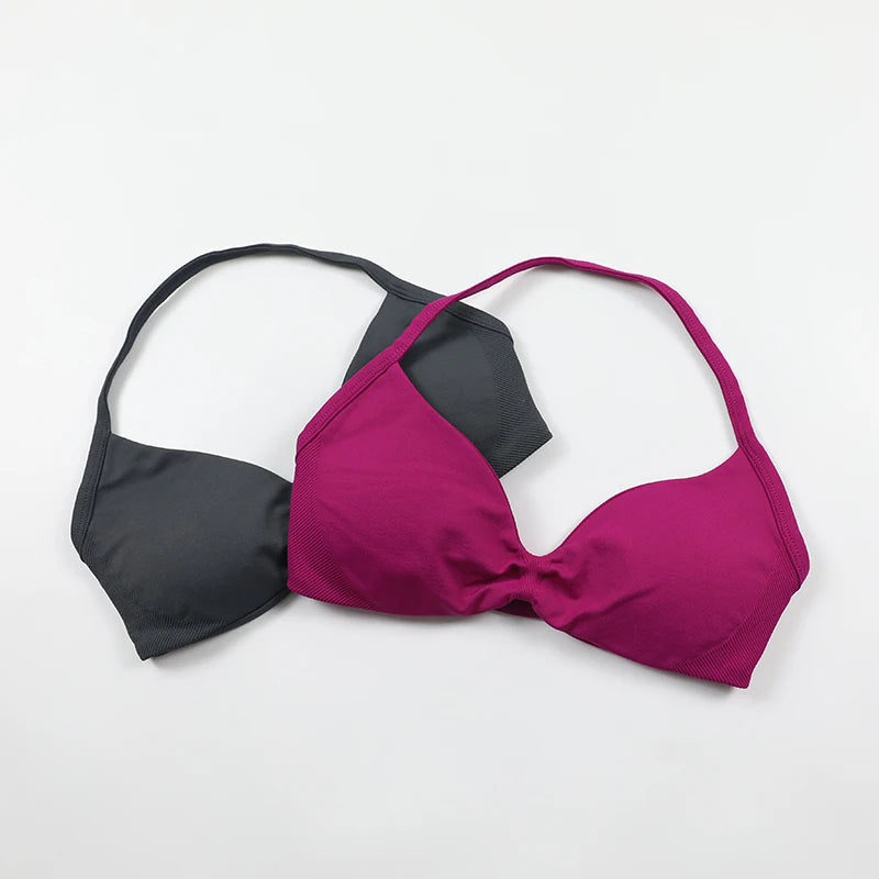 No Logo V-Neck Women's Low Support Ruched Halter Sports Bra Sexy Open Back Gym Crop Top Padded Seamless Workout Yoga Tank Tops