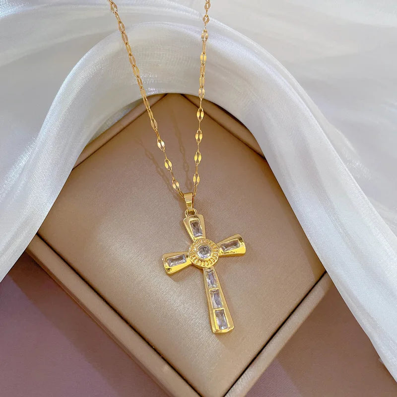 Full Zircon Cross Necklace For Women'S Gold Color Anti-Tarnish Titanium Steel Jewelry