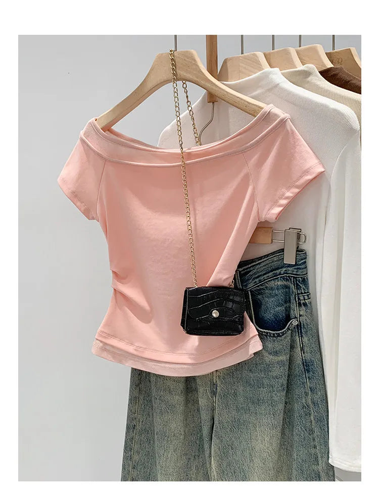Unique Shoulder-Baring Pink Short-Sleeve T-Shirt Women's Summer New Style Korean Version Slim Fit Commute Style Cotton Material