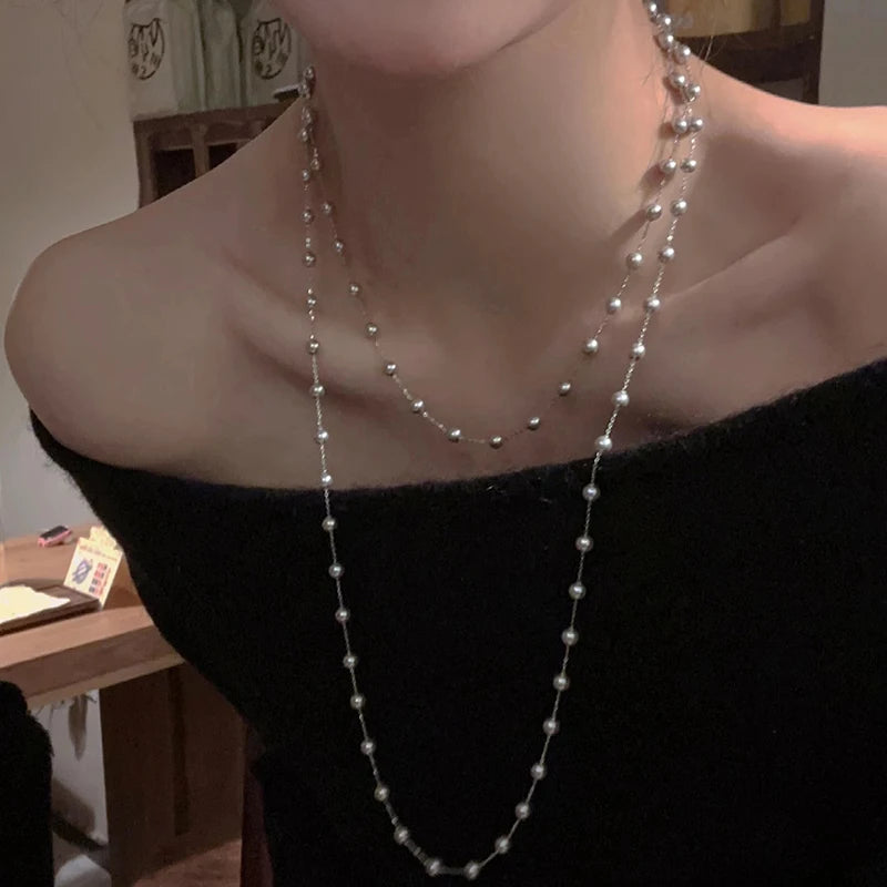 Elegant Double-layer Simulated Pearl Chain Necklaces Women Exquisite Bikini Dress Necklace Beach Jewelry Dinner Party Gift K-
