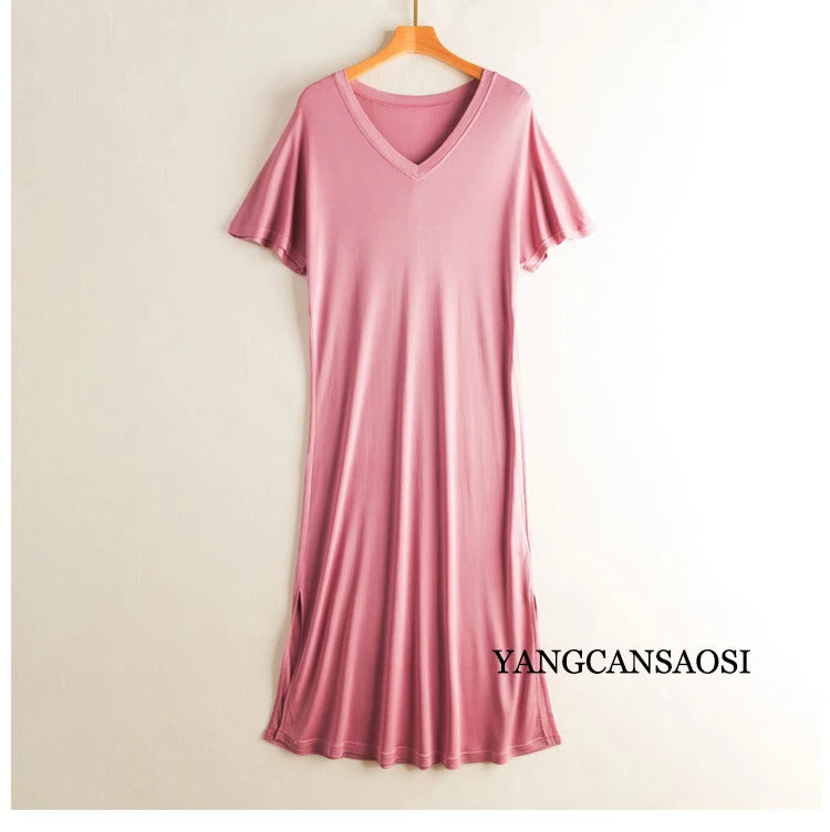 Women's Casual Summer New 23% Natural Mulberry Silk Side Slit V-neck Loose Shoulder Short Sleeved Solid Color Base Knitted Dress