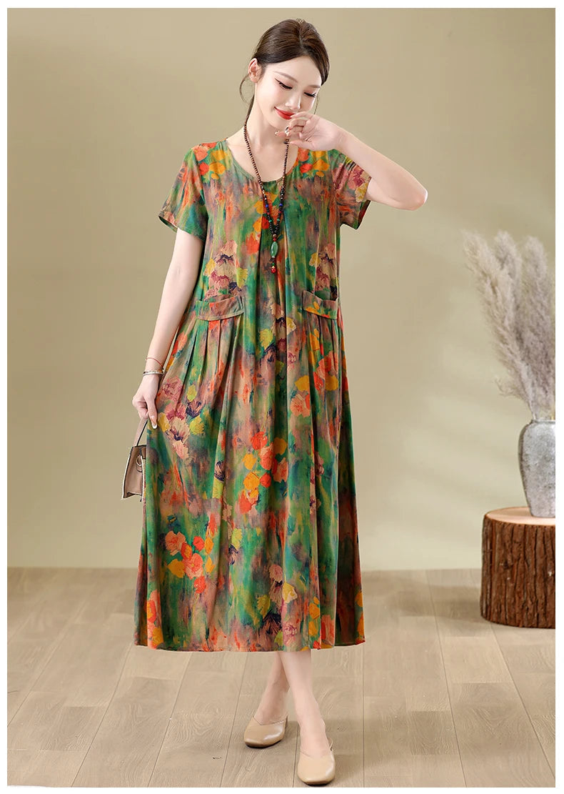 New Fashion Casual Summer Dresses For Women 2026 Loose Plus Size Clothes Elegant printting O-neck Short Sleeve Woman Clothing