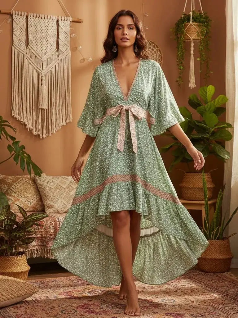 Boho Queens  Women Hollow Out Sexy Beach Dress Bohemian Lady Short Sleeve High-Low Rayon Summer Boho Dresses Robe