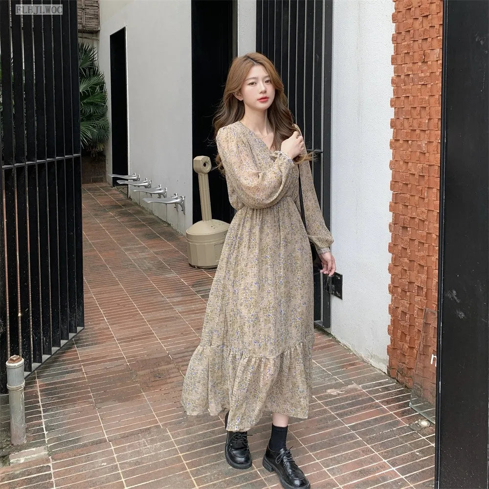 Chic Korean Clothes Design 2022 Autumn Spring Womens V Neck Elegant Lady Floral Printed Retro Vintage Long Maxi Dress