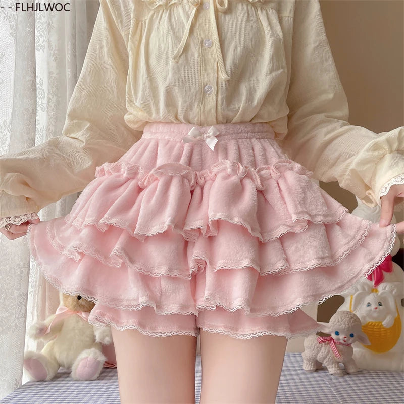 Autumn Velvet Bloomers Lolita Style Girls Cute Japan Sexy Lace Date Princess Pink Layer Puff Shorts Ruffles Lantern Small Pants