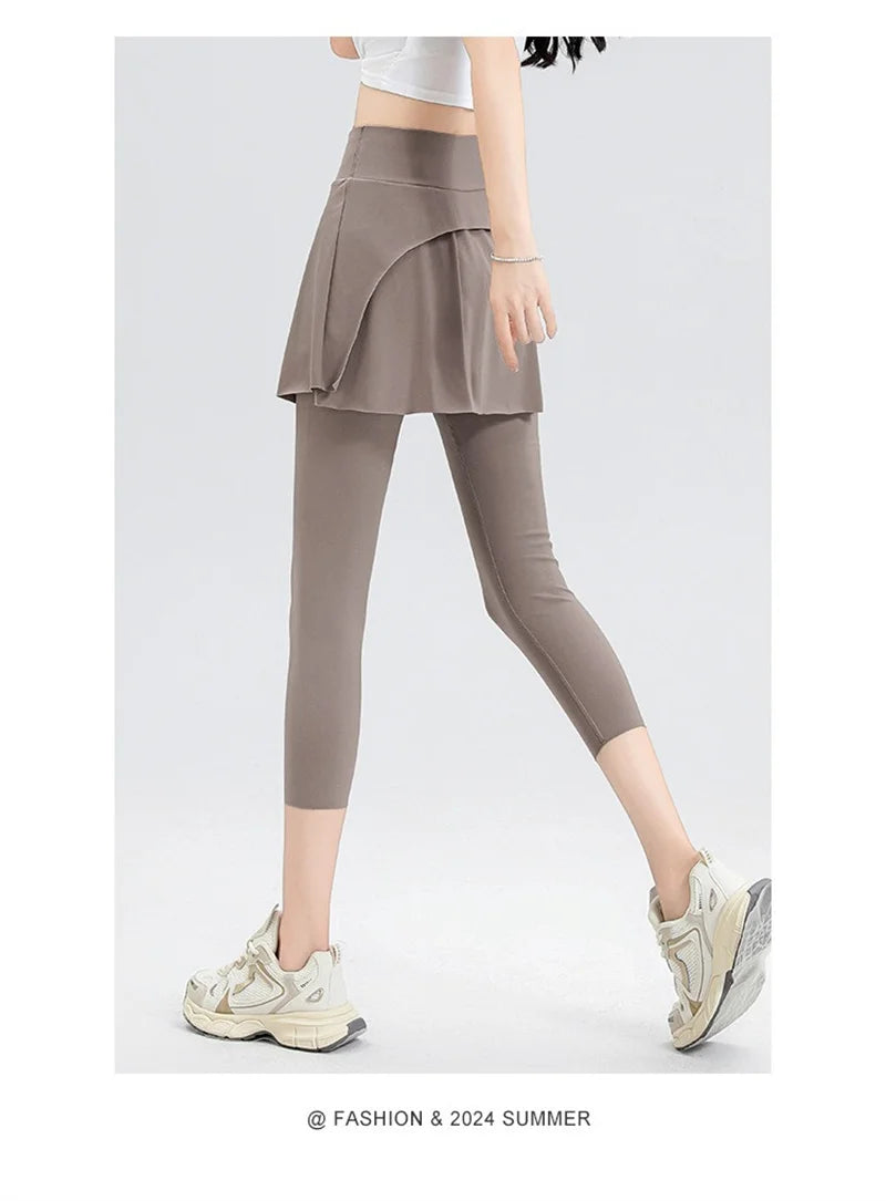 Aiithuug with Pocket Women Tennis Skirted Leggings Capris Yoga Leggings with Skirts Tennis Pickleball Clothing Cropped Leggings